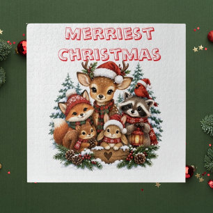 Merriest Christmas Woodland Creatures Family Photo Jigsaw Puzzle