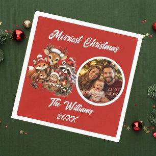 Merriest Christmas Woodland Creatures Family Photo Napkin