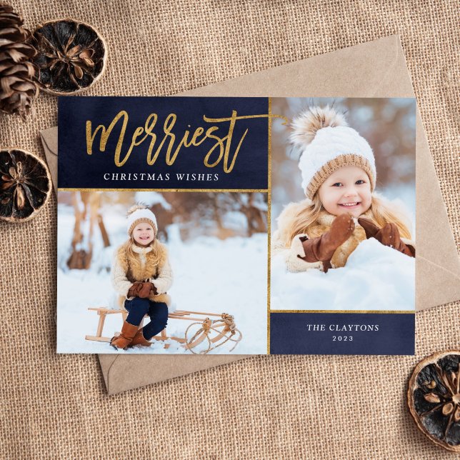 Merriest Faux Foil 2 Photo Magnetic Christmas Card (Creator Uploaded)