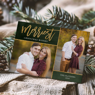 Merriest Faux Gold Foil 2 Photo Christmas Holiday Card