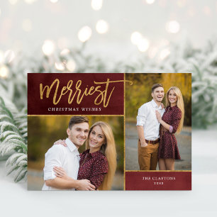Merriest Faux Gold Foil 2 Photo Christmas Holiday Card