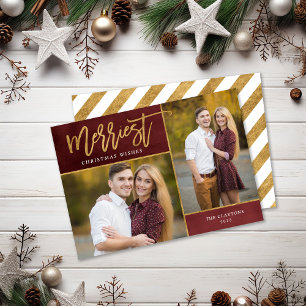 Merriest Faux Gold Foil 2 Photo Christmas Holiday Card