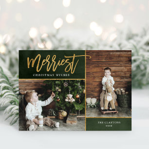 Merriest Faux Gold Foil 2 Photo Folded Holiday Card