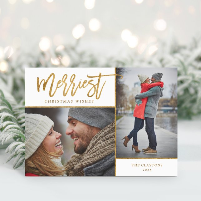 Merriest Faux Gold Foil 2 Photo Folded Holiday Card (Creator Uploaded)