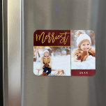 Merriest Faux Gold Foil 2 Photo Holiday Magnet<br><div class="desc">Custom printed holiday photo magnets with simple templates for customisation. This elegant design features a 2 photo collage layout on a burgundy watercolor background. Modern calligraphy script text says Merriest in faux gold foil. Personalise it with your own pictures, and add the year or other custom text below. Please note...</div>