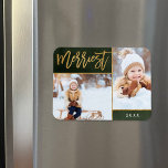 Merriest Faux Gold Foil 2 Photo Holiday Magnet<br><div class="desc">Custom printed holiday photo magnets with simple templates for customisation. This elegant design features a 2 photo collage layout on a green watercolor background. Modern calligraphy script text says Merriest in faux gold foil. Personalise it with your own pictures, and add the year or other custom text below. Please note...</div>