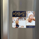 Merriest Faux Gold Foil 2 Photo Holiday Magnet<br><div class="desc">Custom printed holiday photo magnets with simple templates for customisation. This elegant design features a 2 photo collage layout on a navy blue watercolor background. Modern calligraphy script text says Merriest in faux gold foil. Personalise it with your own pictures, and add the year or other custom text below. Please...</div>
