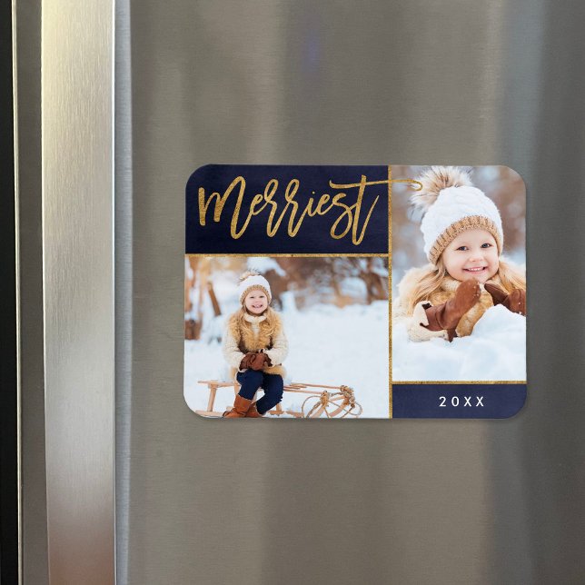Merriest Faux Gold Foil 2 Photo Holiday Magnet (Creator Uploaded)