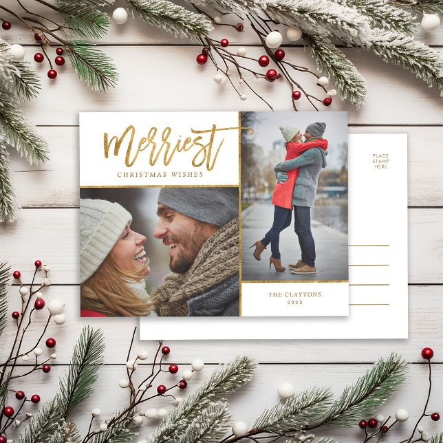 Merriest Faux Gold Foil 2 Photo Holiday Postcard (Creator Uploaded)
