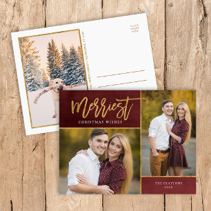Merriest Faux Gold Foil 3 Photo Holiday Postcard