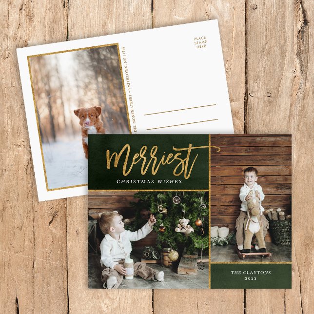 Merriest Faux Gold Foil 3 Photo Holiday Postcard (Creator Uploaded)