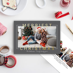 Merriest Modern Gold Text Charcoal Grey Photo Foil Holiday Card