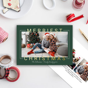 Merriest Modern Gold Text Green Photo Foil Holiday Card