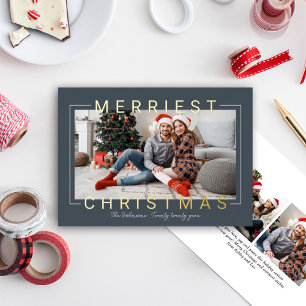 Merriest Modern Gold Text Slate Blue Photo Foil Holiday Card