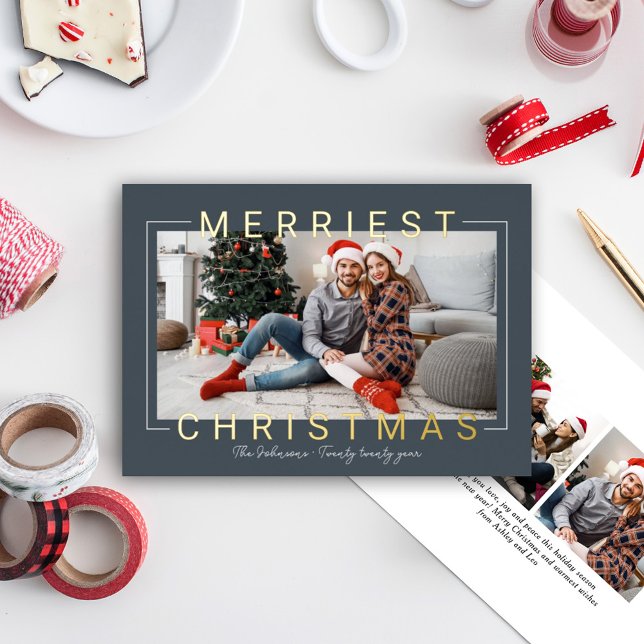 Merriest Modern Gold Text Slate Blue Photo Foil Holiday Card (Creator Uploaded)