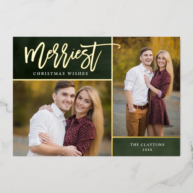 Merriest Real Gold Foil 2 Photo Christmas Foil Holiday Card (Front)