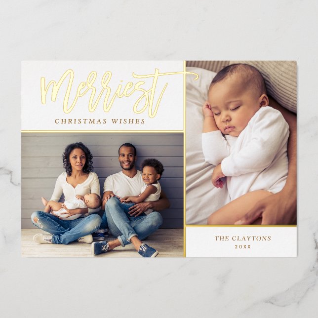 Merriest Real Gold Foil 2 Photo Christmas Holiday Card (Front)