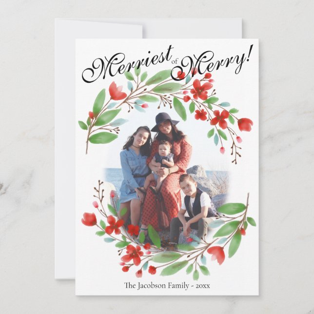 Merriest Red & Green Watercolor Chrismas Photo Holiday Card (Front)