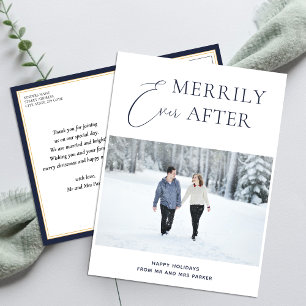 Merrily Ever After Blue Script Christmas Photo Holiday Postcard