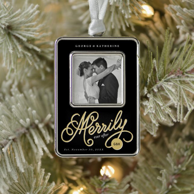 Merrily Ever After Curly Script Christmas Photo Silver Plated Framed Ornament (Tree)
