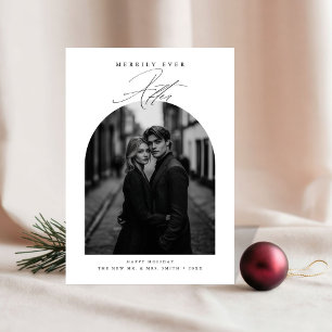 Merrily Ever After Elegant Newlywed Black White Holiday Card