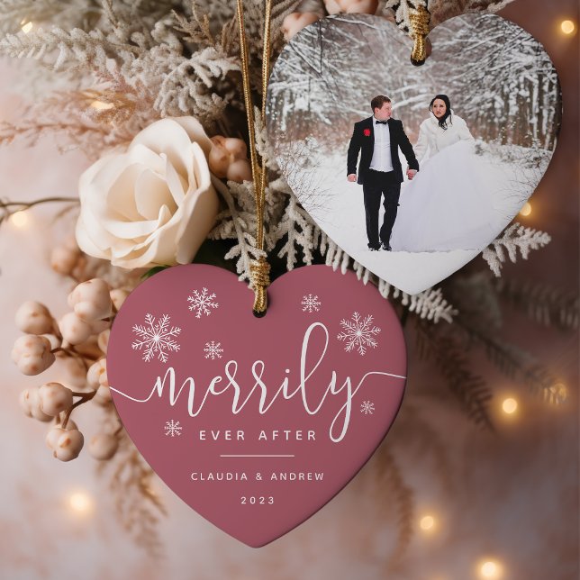 Merrily Ever After | First Married Christmas Photo Ceramic Ornament (Creator Uploaded)