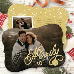 Merrily Ever After Gold Curly Script Photo Wedding Holiday Card<br><div class="desc">Designed by fat*fa*tin. Easy to customise with your own text,  photo or image. For custom requests,  please contact fat*fa*tin directly. Custom charges apply.

www.zazzle.com/fat_fa_tin
www.zazzle.com/color_therapy
www.zazzle.com/fatfatin_blue_knot
www.zazzle.com/fatfatin_red_knot
www.zazzle.com/fatfatin_mini_me
www.zazzle.com/fatfatin_box
www.zazzle.com/fatfatin_design
www.zazzle.com/fatfatin_ink</div>
