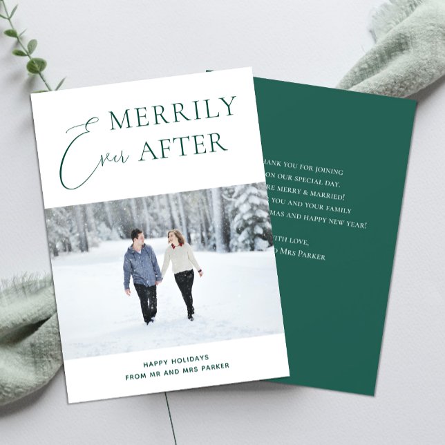 Merrily Ever After Green Script Christmas Photo Holiday Card (Creator Uploaded)