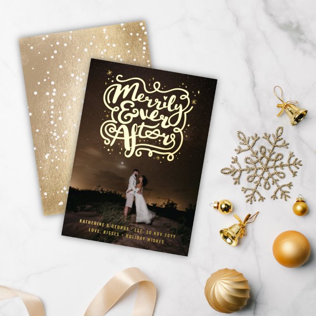 Merrily Ever After Knot & Sparkles Photo Wedding Foil Holiday Card (Creator Uploaded)