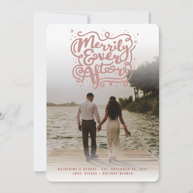 Merrily Ever After Knot & Sparkles Photo Wedding Holiday Card (Front)