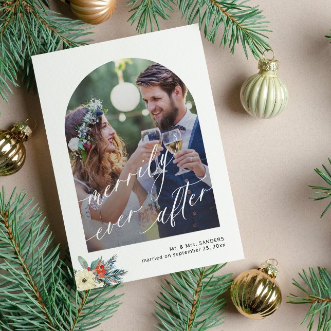 Merrily ever after minimalist arch photo wedding holiday card (Creator Uploaded)