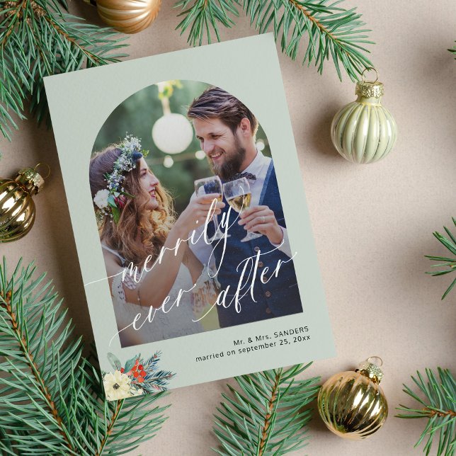Merrily ever after minimalist arch photo wedding holiday card (Creator Uploaded)