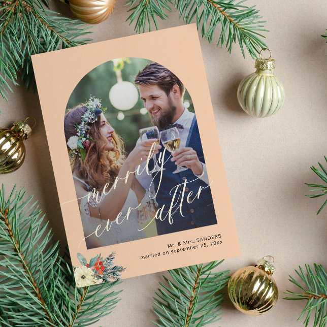 Merrily ever after minimalist arch photo wedding holiday card (Creator Uploaded)