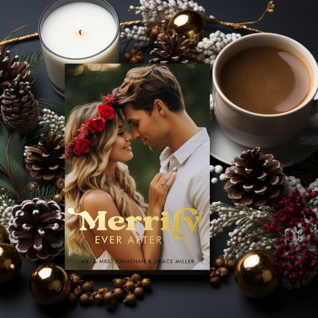 Merrily Ever After Modern Retro Typography Photo Foil Holiday Card (Merrily Ever After Modern Retro Typography Photo Foil Holiday Card)