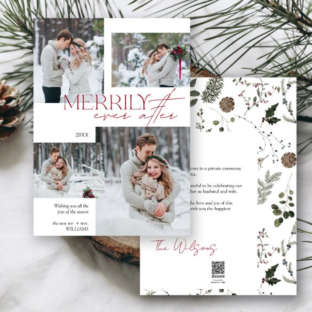 Merrily Ever After Newlywed 4 Wedding Photo Holiday Card (Easily add your photos and deets to personalize this beautiful holiday wedding announcement)