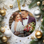 Merrily Ever After Newlywed Christmas Ceramic Ornament<br><div class="desc">Personalised holiday photo ornament for newlyweds features a favourite wedding photo on each side,  with "Merrily Ever After" overlaid in white calligraphy. Customise with your names and wedding date.</div>