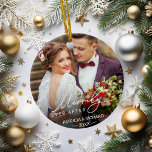 Merrily Ever After Newlywed Christmas Ceramic Ornament<br><div class="desc">Personalised holiday photo ornament for newlyweds features a favourite wedding photo on each side,  with "Merrily Ever After" overlaid in white calligraphy. Customise with your names and wedding date.</div>