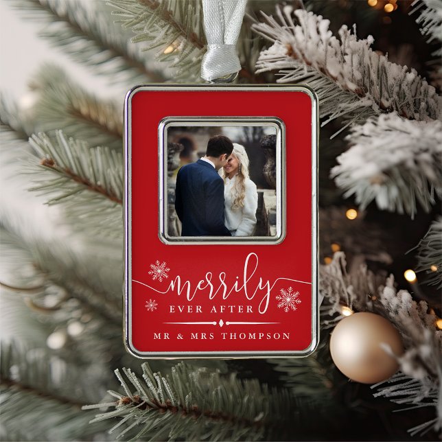 Merrily Ever After | Newlywed Christmas Silver Plated Framed Ornament (Creator Uploaded)