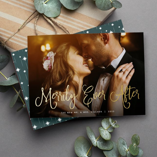 Merrily Ever After Newlywed Photo Foil Holiday Card (Creator Uploaded)