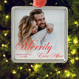  merrily ever after ,newlyweds photo red script metal ornament