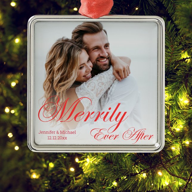  merrily ever after ,newlyweds photo red script metal ornament (Creator Uploaded)