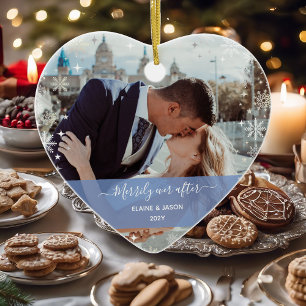 Merrily Ever After + Our First Christmas 2 Photos Ceramic Ornament