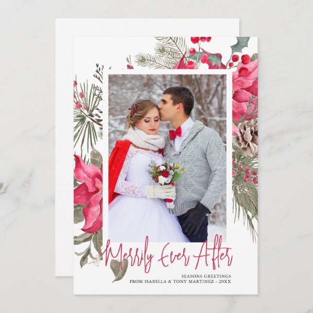 Merrily Ever After Photo Red Poinsettia Christmas Holiday Card (Front/Back)