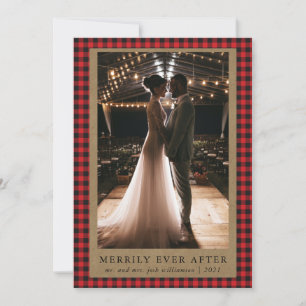 Merrily Ever After Rustic Red  Buffalo Check Photo Holiday Card