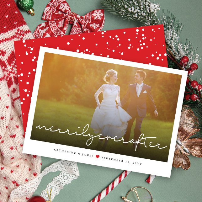 Merrily Ever After Script Christmas Wedding Photo Holiday Card (Creator Uploaded)