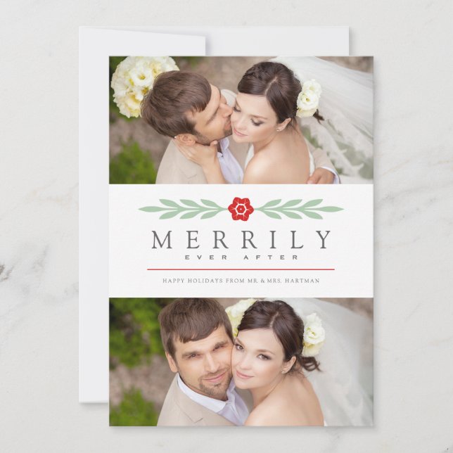 Merrily Ever After Simple Floral Newlywed Photo Holiday Card (Front)