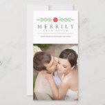 Merrily Ever After Simple Modern Newlywed Holiday Card<br><div class="desc">Simple,  elegant design,  featuring a flower and leaves in red-orange and mint green.  Text (which can be customised) reads "Merrily Ever After."  Template photo must be replaced with an image of your own prior to purchase.</div>