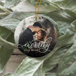 Merrily Ever After Wedding Photo Ceramic Ornament