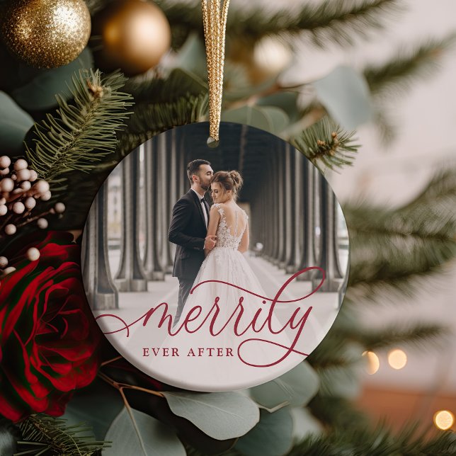 Merrily Ever After | Wedding Photo Ceramic Ornament (Creator Uploaded)