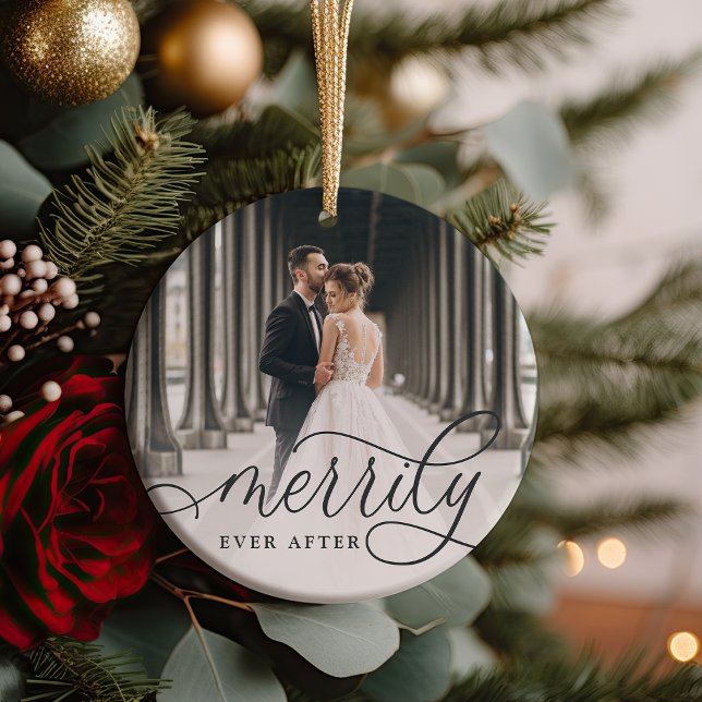 Merrily Ever After | Wedding Photo Ceramic Ornament (Creator Uploaded)